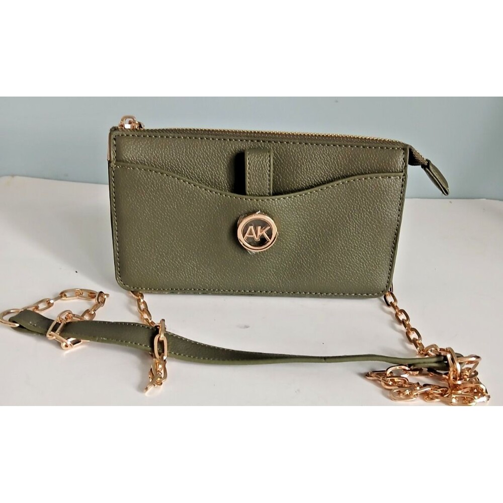 Anne Klein Wallet On A Chain Crossbody Olive Green Faux Leather Card Case Set